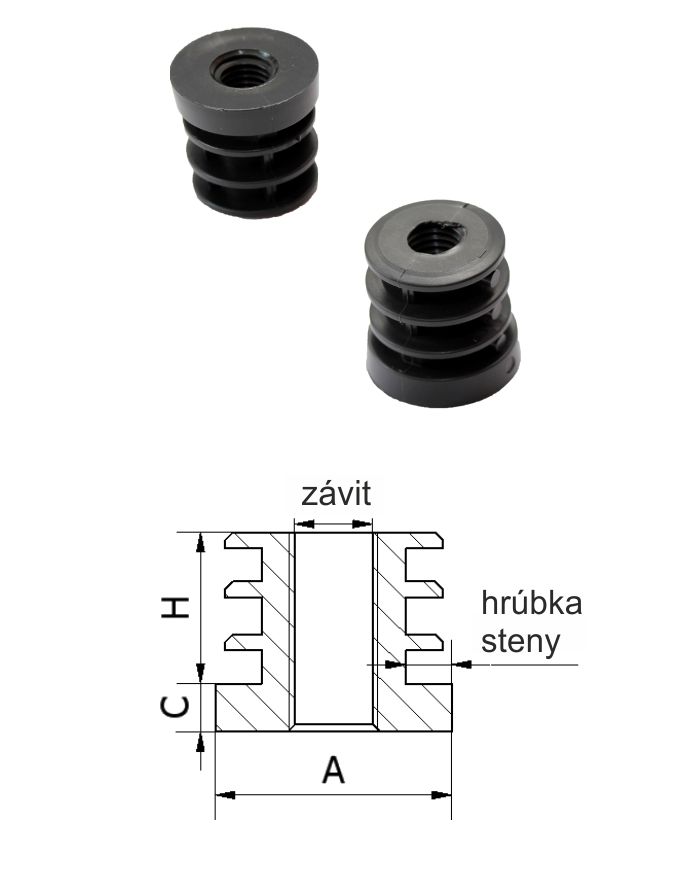 M8,A-20mm,H-20mm,C-6.2mm,černá, tloušťka stěny 1,5 mm, plastová kruhová zátka s PE závitem