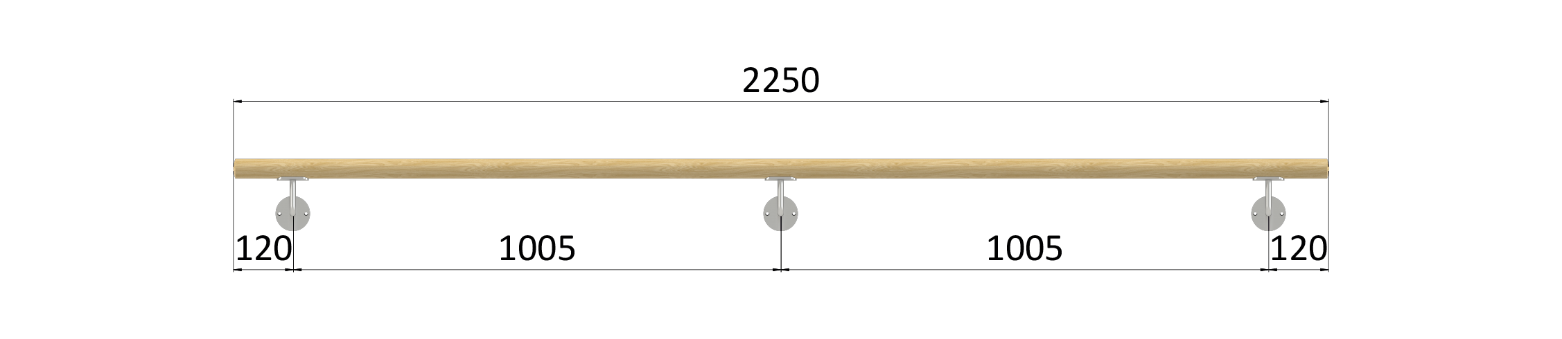 Madlo drevené (2250mm), materiál: buk, brúsený povrch bez náteru, set: 3 ks úchyt, madlo s ukončením