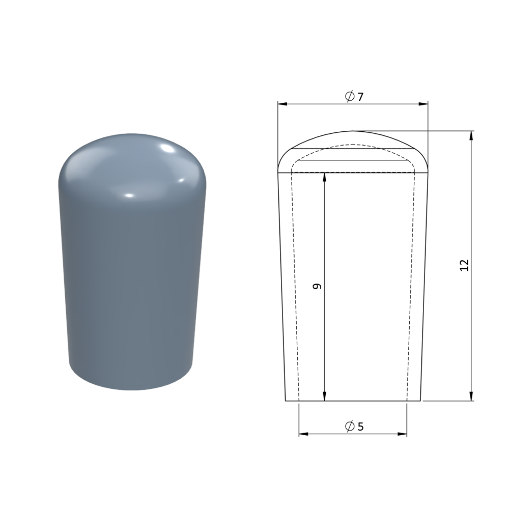 Vnější krytka PVC ø 7 x 12 mm, otvor 5 x 9 mm, šedá