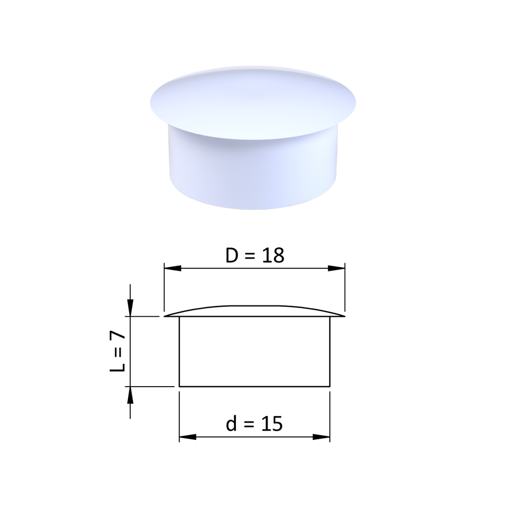 Vnitřní krytka kulatá ø 18 mm, otvor ø 15 mm, bílá, plast