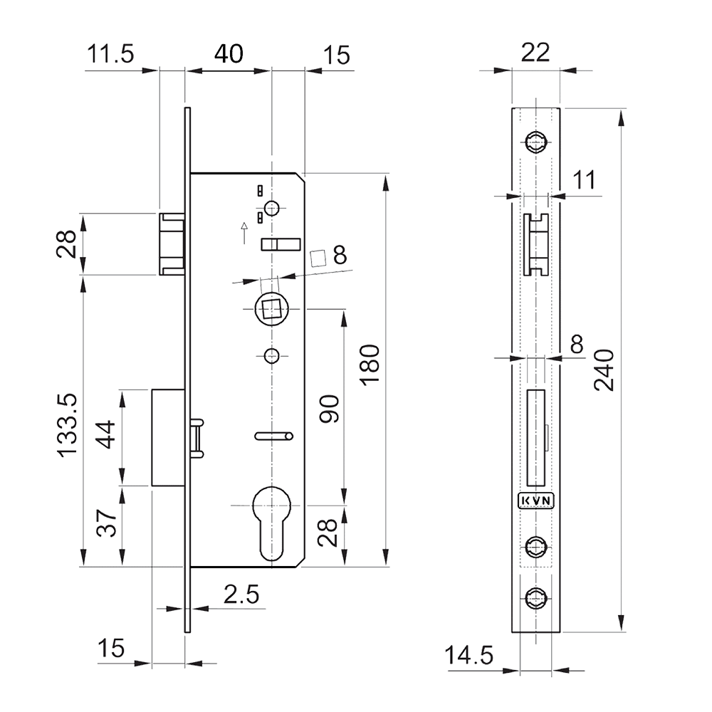 Zámok vložkový, zápust 55 mm, rozteč 90 mm, nerezová lišta