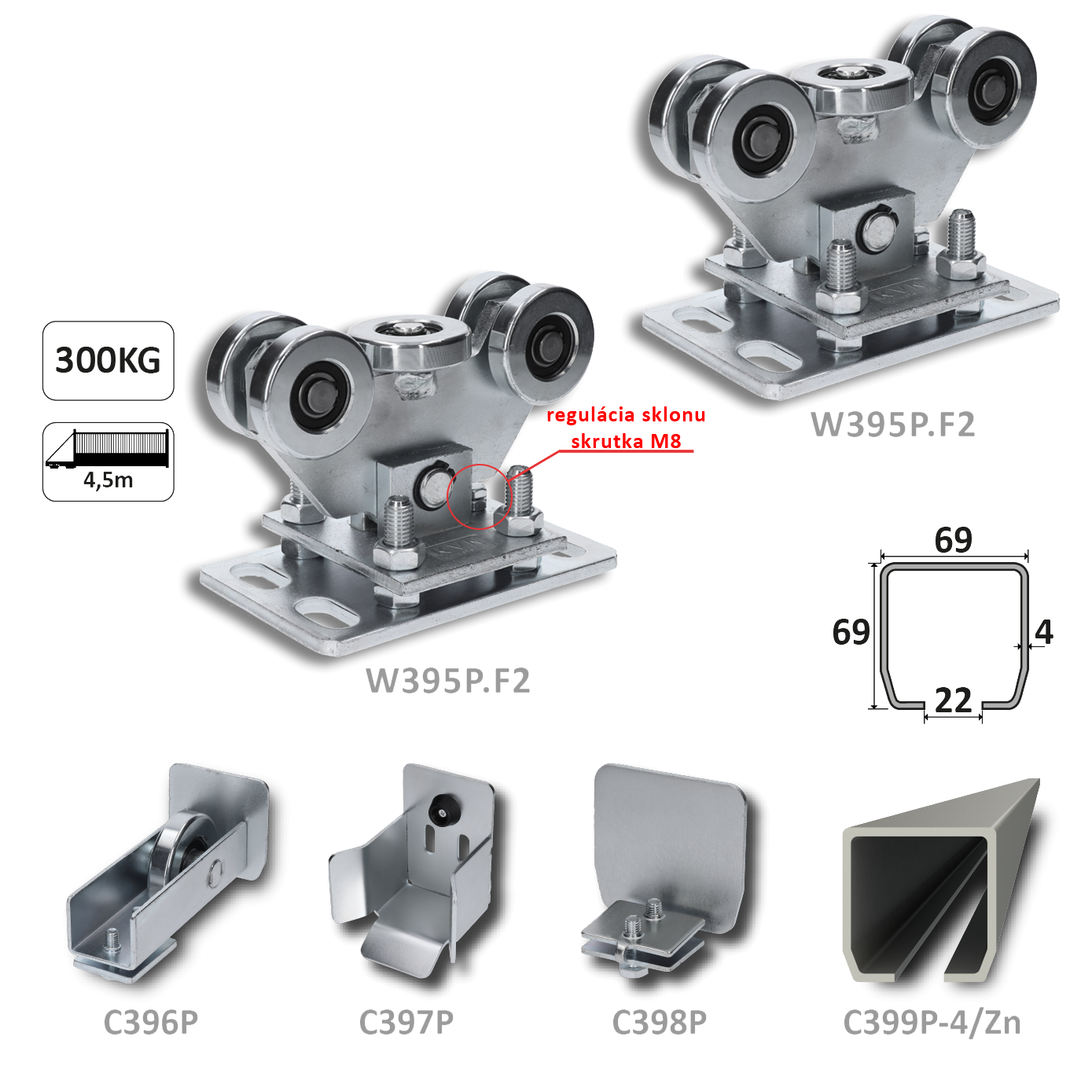 Samonos do 300 kg, profil 69 x 69 x 6000 mm, Zn