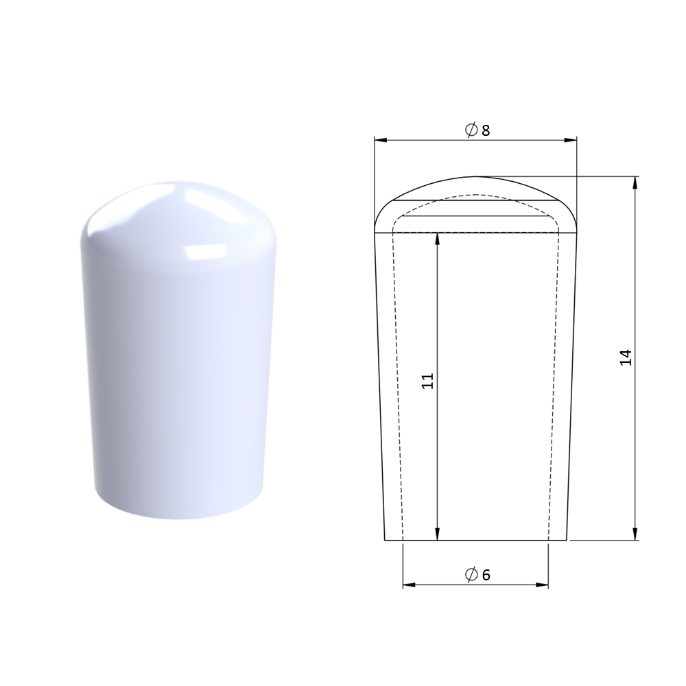 Vnější krytka PVC ø 8 x 14 mm, otvor 6 x 11 mm, bílá