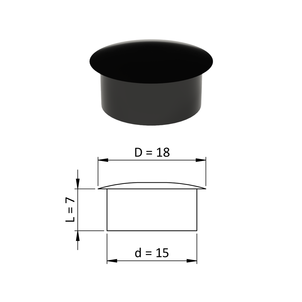 Vnitřní krytka kulatá ø 18 mm, otvor ø 15 mm, černá, plast