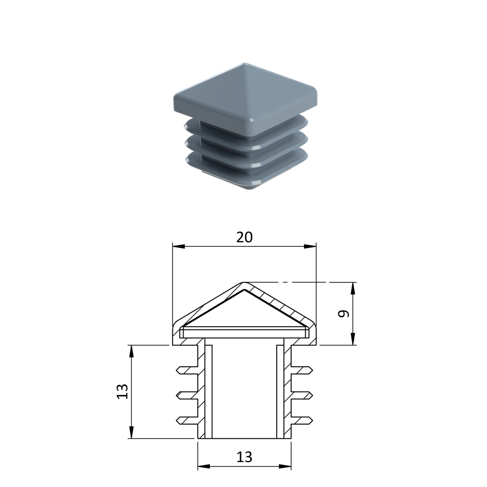 Krytka plastová se stříškou 20 x 20 mm, šedá