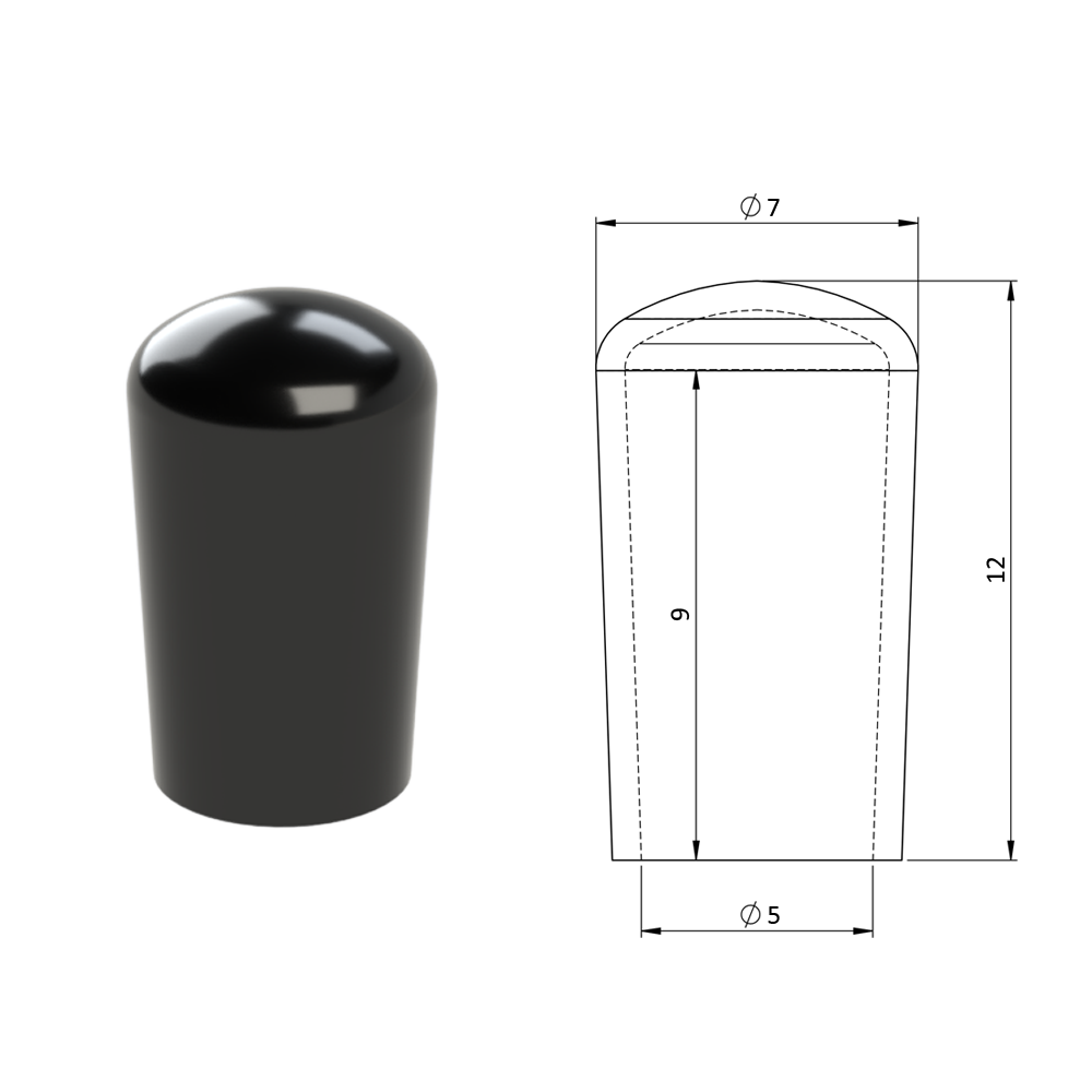 Vnější krytka PVC ø 7 x 12 mm, otvor 5 x 9 mm, černá