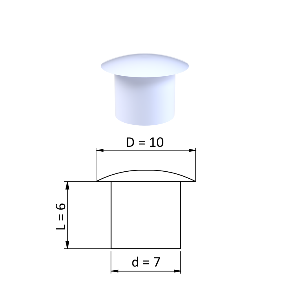 Vnitřní krytka kulatá ø 10 mm, otvor ø 7 mm, bílá, plast