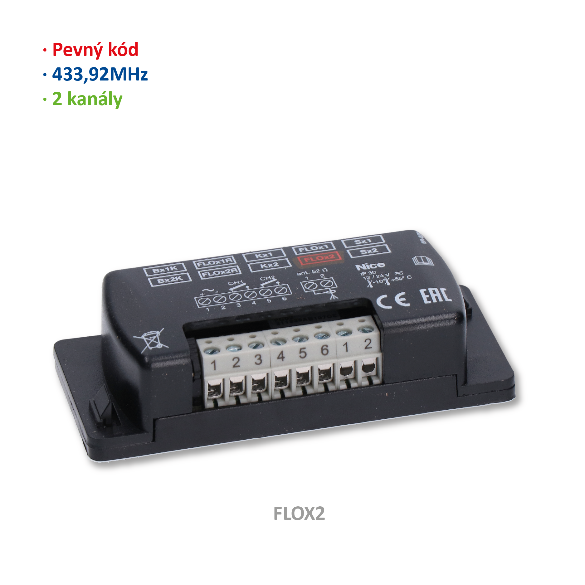 Externí přijímač 2 kanálový, pevný kód, 433,92MHz