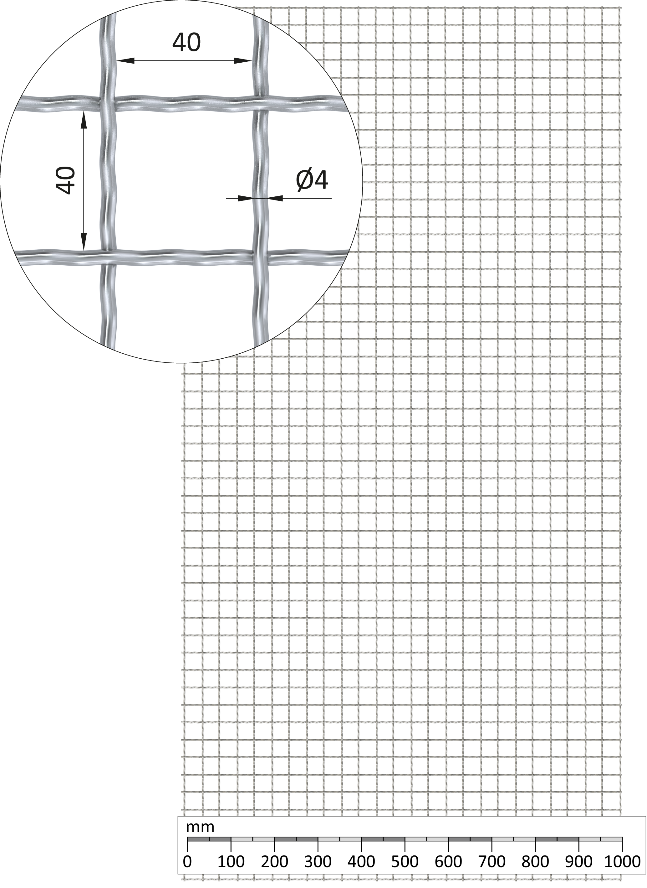 Žebírkové pletené síto - rovné, oko: 40x40mm, průměr pletiva ø4mm, rozměr 1000x2000mm, pozinkované