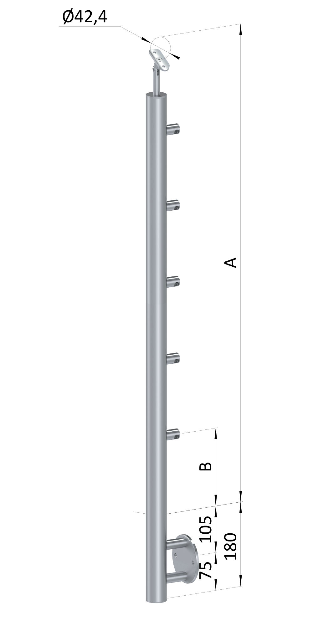 Nerezový sloup, boční kotvení, 5řadový průchozí