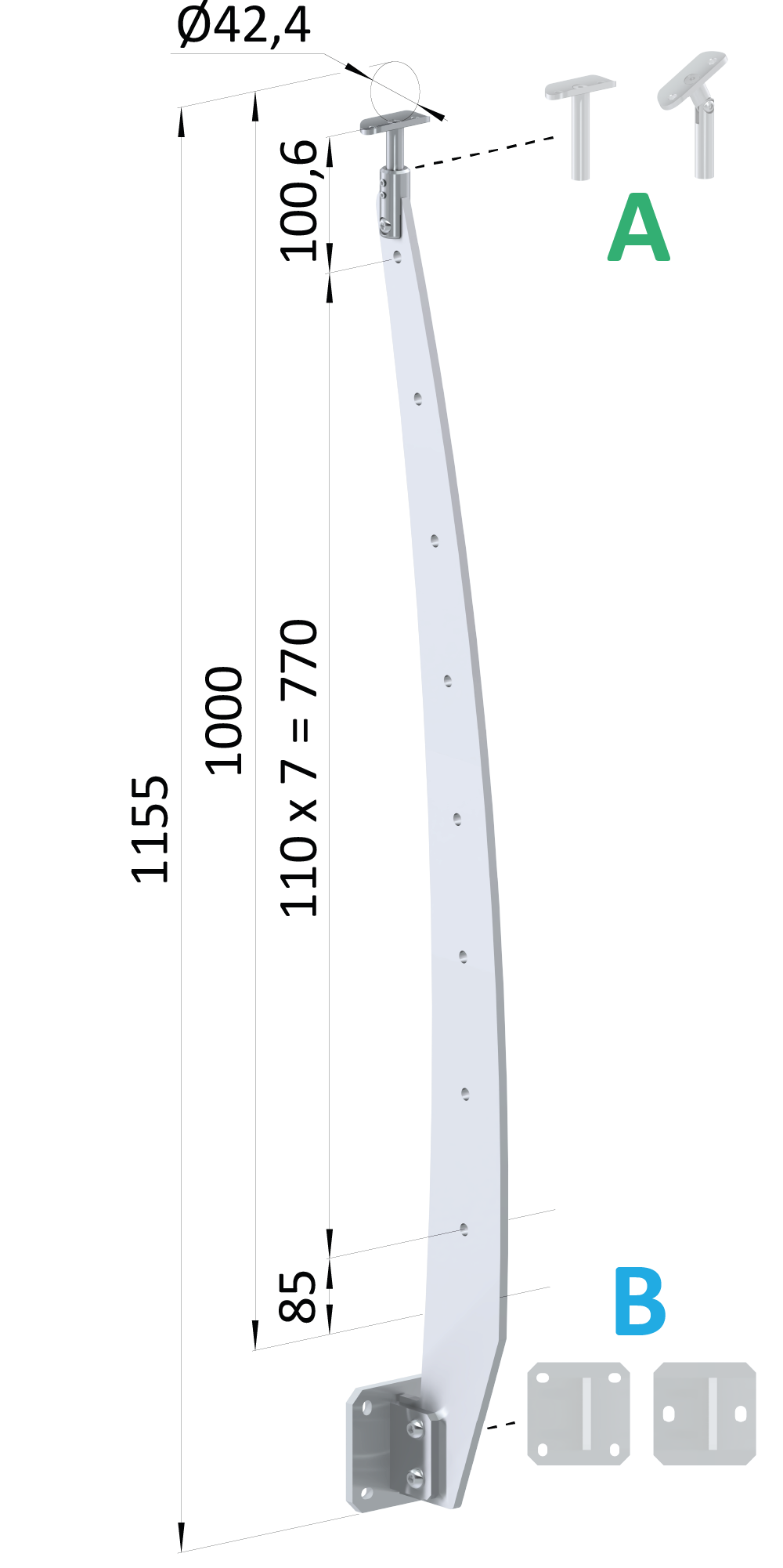 Nerezový vypalovaný sloup, boční kotvení, 8děrový