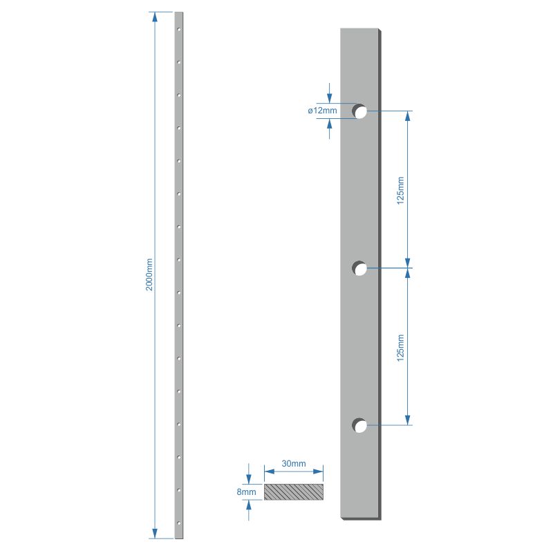 Plochá tyč 30x8mm, rozteč děr 125mm, otvor 12mm, 2000mm