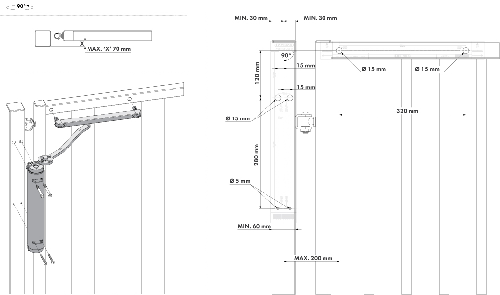 Hydraulický zatvárač s klznou lištou, do 150 kg, RAL 9005
