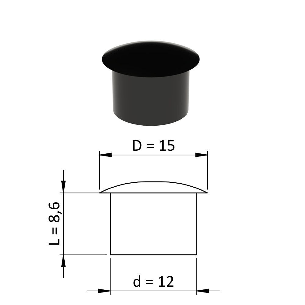 Vnitřní krytka kulatá ø 15 mm, otvor ø 12 mm, černá, plast
