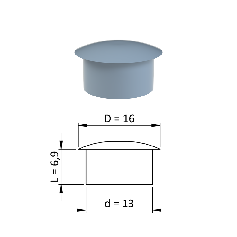 Vnitřní krytka kulatá ø 16 mm, otvor ø 13 mm, šedá, plast