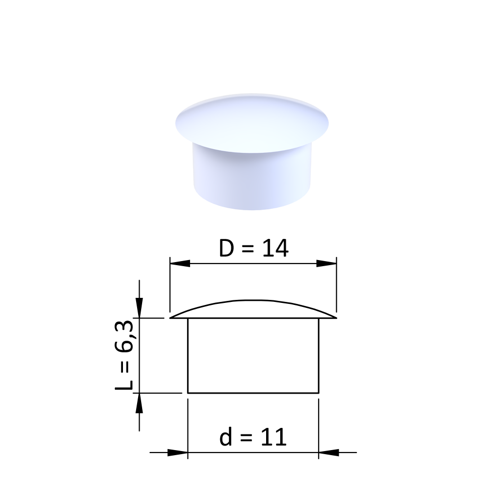 Vnitřní krytka kulatá ø 14 mm, otvor ø 11 mm, bílá, plast