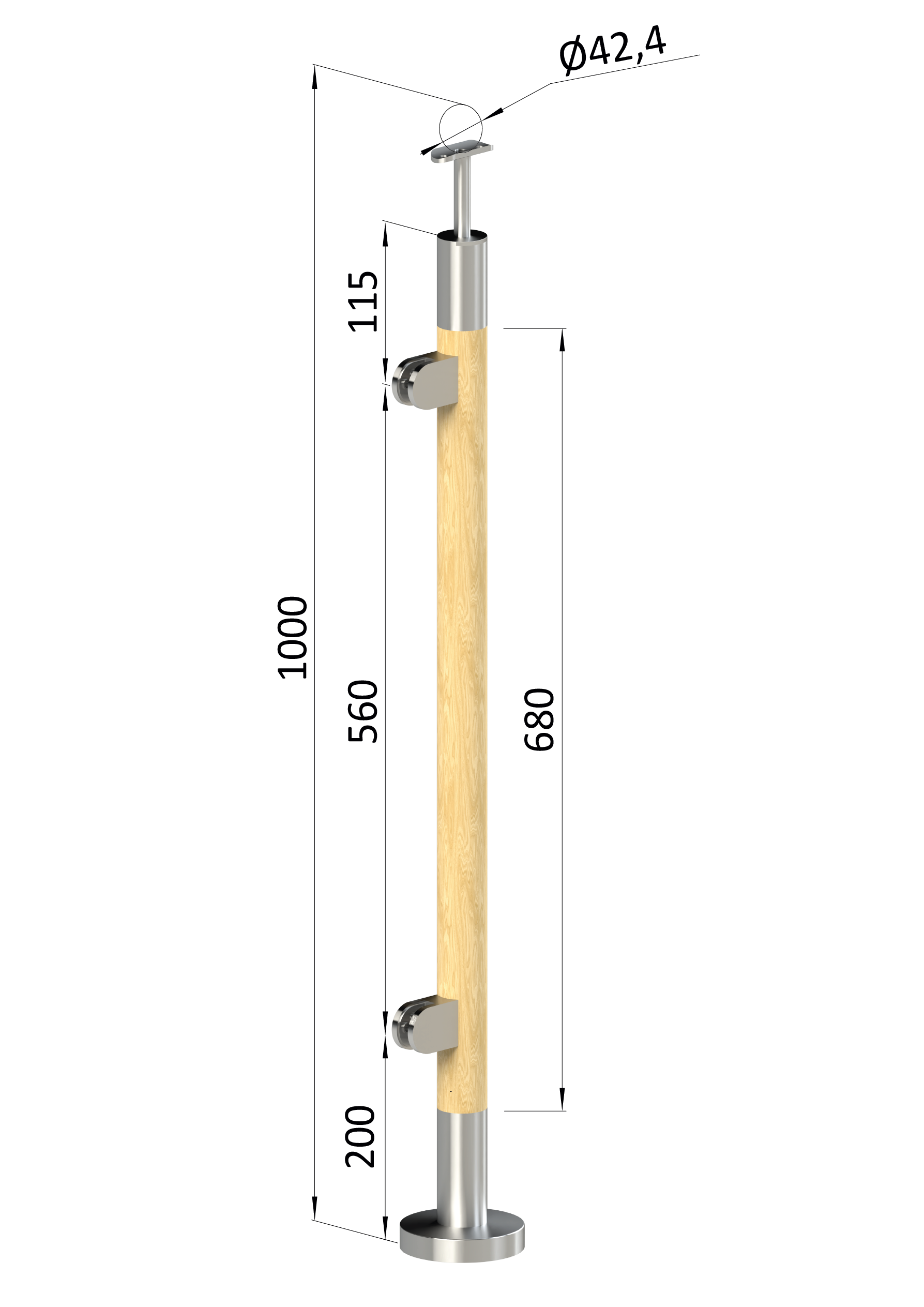 Dřevěný sloup, vrchní kotvení, výplň: sklo, levý